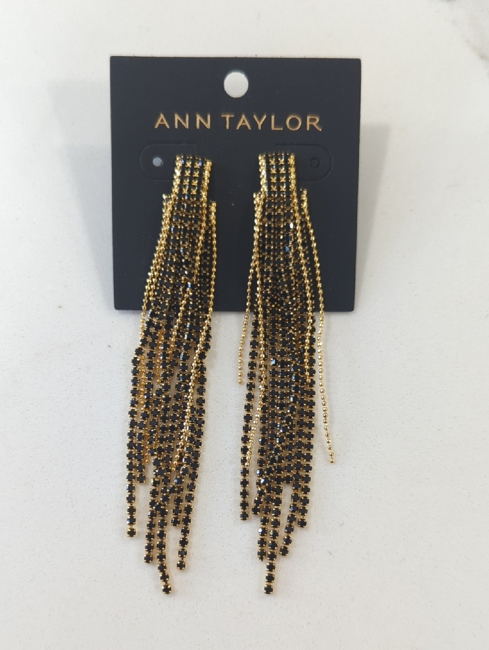 Ann Taylor Gold and Black Crystal Multi-Strand Fringe Earrings
